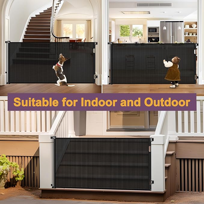 42" Tall X 200" Extra Wide Retractable Baby Gates, Extra Tall Pet Gate for Dogs, Extra Long Dog Gate for Large Openings Tall Mesh gate Child Safety Gate Outdoor Retractable Gate for Decks, Black