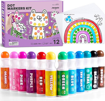 Jar Melo Washable Dot Markers for Toddlers, 12 Colors Dot Paints with 120 Printed PDF & 20 Activity Papers, Non-Toxic Bingo Markers for Kids Arts and Crafts Gifts