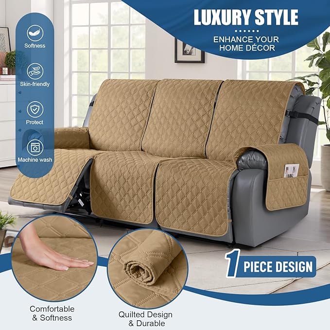 TAOCOCO 100% Waterproof Recliner Covers, Recliner Sofa Covers with Leg Straps, Reversible Recliner Couch Cover for Reclining Chair, Washable Couch Protector for Pets Kids(3 Seater, Camel)