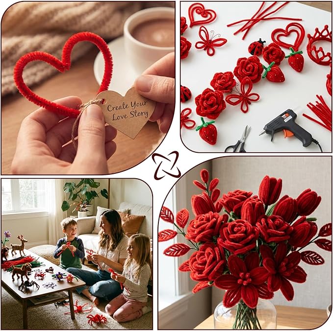 Red Pipe Cleaners Craft Bulk,Valentine's Day Gift,100Pcs Chenille Stems Hand Crafts,Flowers DIY Craft Supplies for Home/Christmas Arts and Crafts Decorations,Sensory Toys for Ages 8-13,Family Games