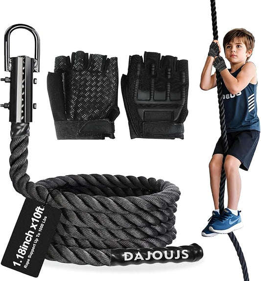 Climbing Rope Gym Workout - 1.5 Inch Dia 10FT 15FT 20FT 25FT 30FT 35FT 40FT 50FT Heavy Duty Work Out Rope Exercise Climbing Ropes for Adults Kids Fitness & Strength Training Outdoor & Indoor - Black