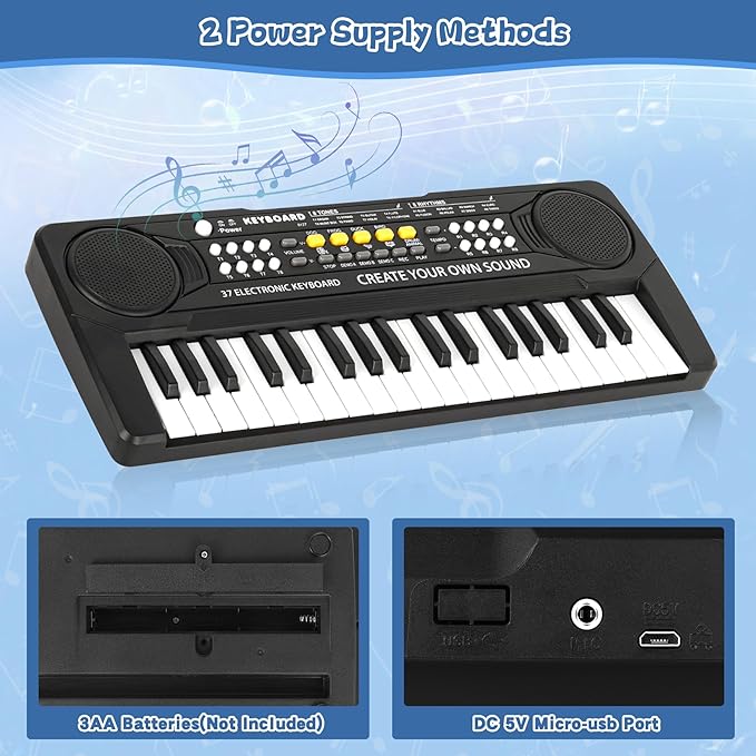 Kids Toddler Toy Piano Keyboard - 37 Key Pianos for Kid Music Toys Instruments with Microphone | Unlock Musical Fun, Perfect Birthday for 3-8 Year Old (Black)