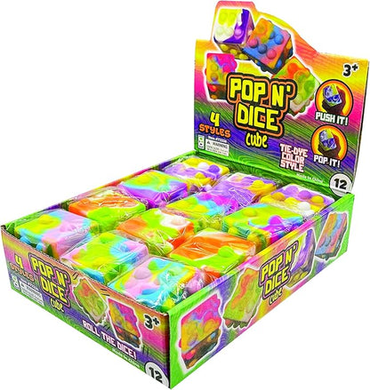 Raymond Geddes Pop ‘n’ Dice Fidget Cube Toys (12 per Bag) - 6 Sided Pop it Fidget Toys Pack - Fidget Squishy Toys in 4 Tie Dye Colors