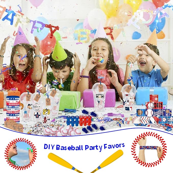 Baseball Party Favors 170 Pcs Baseball Birthday Party Decoration With Cups Straws Slap Bracelets Whistles Stress Balls Wristbands Keychains Stamps Stickers Thank you Tags(Baseball)