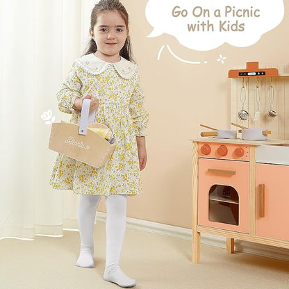 Play Food Sets for Kids Kitchen, Wooden Picnic Basket Playset Toy,Pretend Play Kitchen Food Toy with Cutting Fruits for Toddlers Girls Boys Ages 3+