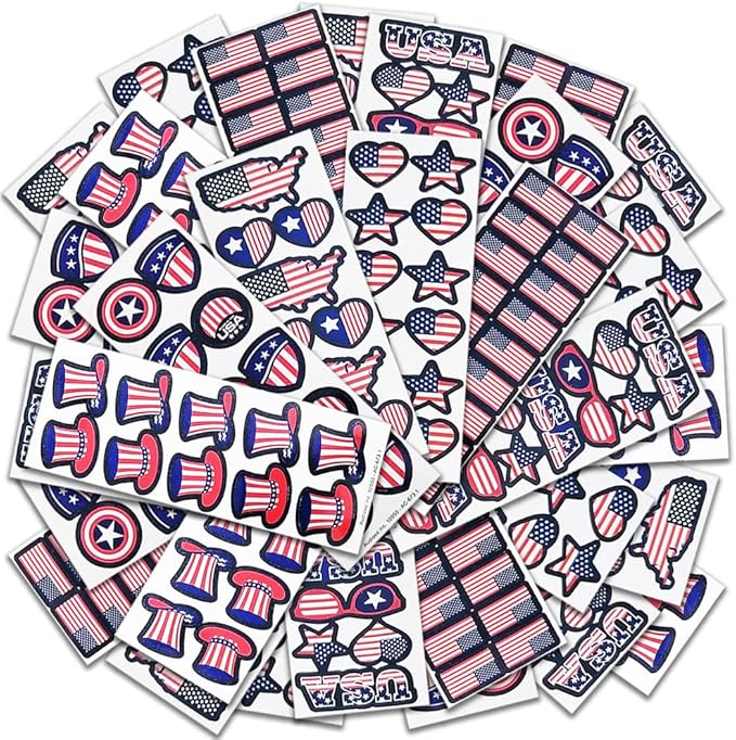 Artcreativity Assorted USA Stickers, Patriotic Stickers for Kids, 100 Sheets with Over 1,000 American Flag Stickers, Memorial Day Crafts for Kids, Memorial Day Stickers Decorations