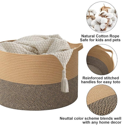 90L Extra Large Blanket Basket,Rope Woven Storage Basket with Handles, Laundry Hamper for Toys, Clothes, Pillows & Towels, Perfect for Living Room, Nursery & Bedroom,Jute&Black