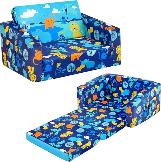 MallBest Kids Sofas Children's Sofa Bed Baby's Upholstered Couch Sleepover Chair Flipout Open Recliner（Blue）