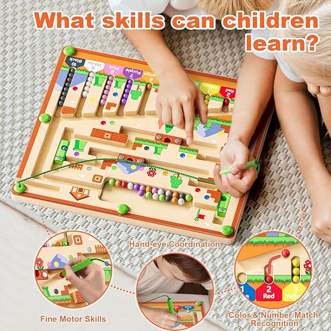 zhiwuzhu Magnetic Color and Number Maze for Montessori Toys,Wooden Matching Learning Counting Board for Toddler Ages 2-4,Toddler Fine Motor Skills Toys for Boys Girls