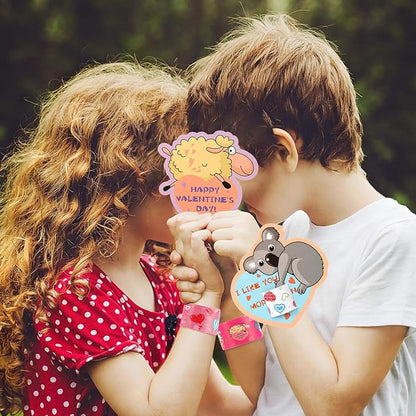 Mibor Valentines Day Cards for Kids - 30 Slap Bracelets + 30 Valentines Cards for Kids Class, 6 Cute Animals Patterns Cards, Kids Valentines Day Cards for School Classroom Valentines Day Decorations