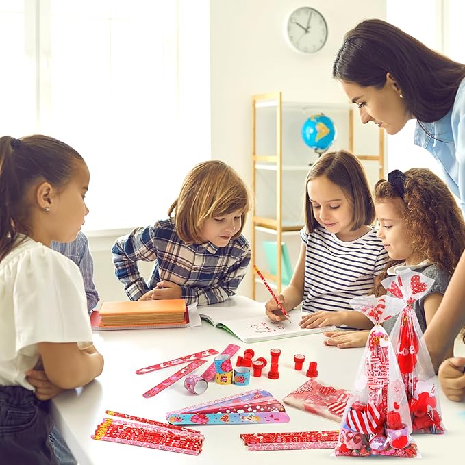 40pack 360x Valentine's Day Stationery Party Favors Bulk: Valentine's Pencil Eraser Slap Bracelets Stamps Treat Bags for Kids Classroom Gift Exchange School Games Prizes Reward Prizes Carnival Events