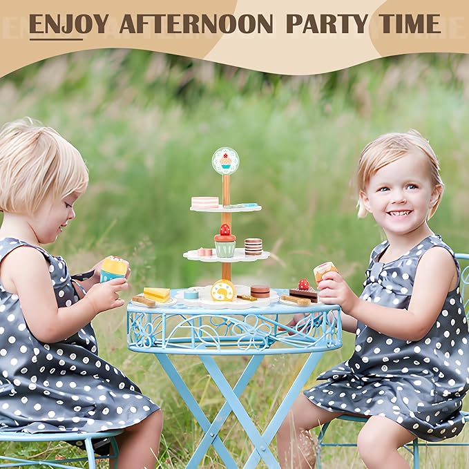 Play Food Sets for Kids Kitchen, Wooden Play Food Including Three-Tier Cake Stand, 22 Pcs Wooden Food Toys, Toddler Girl Toys