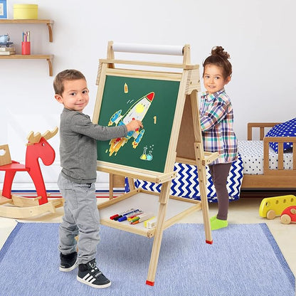 Kids Easel Wooden Art Easel Adjustable Standing Easel Double-Sided Drawing Easel with Paper Roll Chalkboard & Whiteboard for Kids Toddlers Birthday Holiday Gifts.