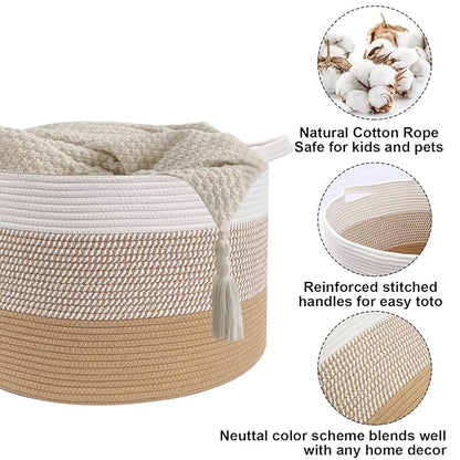 65L Large Blanket Basket, 19.7" L x 19.7" W x 13" H Cotton Rope Woven Storage Basket,Laundry Hamper for Toys, Clothes, Pillows & Towels, Perfect for Living Room, Nursery & Bedroom,Yellow