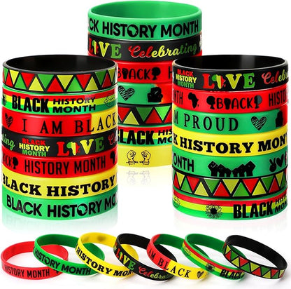 JUNEBRUSHS 42pcs Happy Black History Month Party Favors Silicone Bracelets Rubber Wristbands Accessories for Kids Adults African American Freedom Day Patriotic Party Decorations Gift Bag Fillers