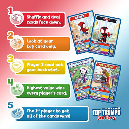 Top Trumps Spidey & Friends Junior 5-in-1 Card Game for Kids Ages 3+, 2+ Players, Portable Travel Game, Memory, Strategy, Trivia, Educational, Multicolor, Unisex, Standard Edition