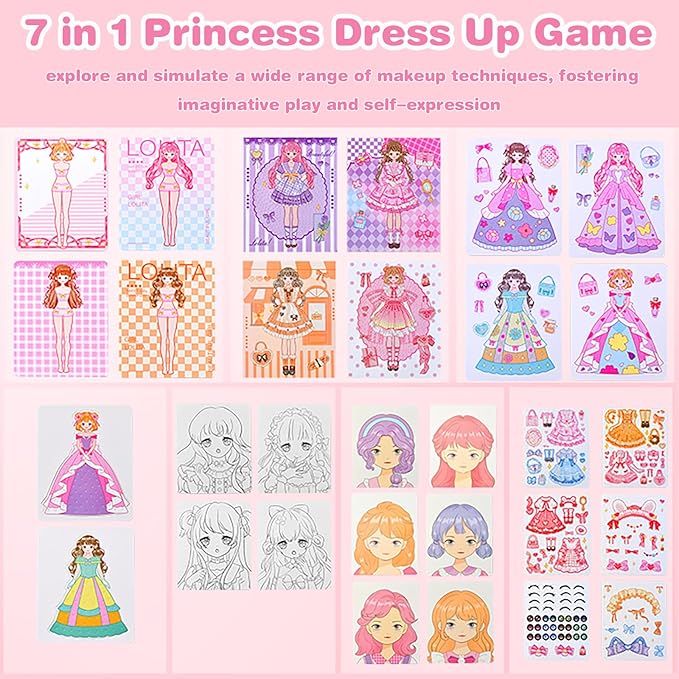 Princess Dress Up Game Set, 7 in 1 Activity Book for Kids, Foil Art & Diamond Painting, Art Craft Kit Gift for Kids Ages 4 5 6 7 8 9+ Year Old