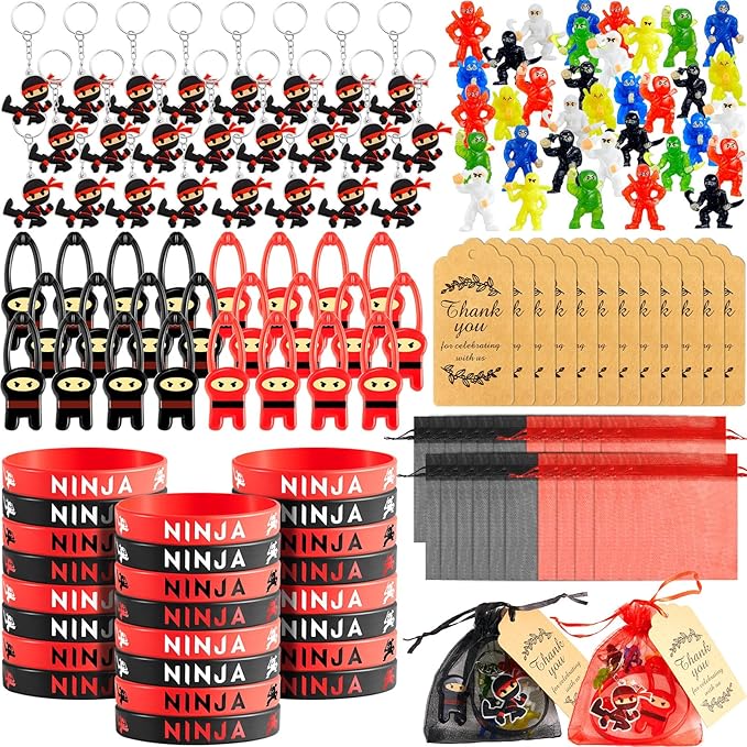 Libima 168 Pcs Ninja Party Favors Karate Birthday Party Supplies Ninja Toys, 48 Small Figurines, 24 Flying Toys, 24 Silicone Bracelets, 24 Keychains, 24 Organza Bags, 24 Thank Card