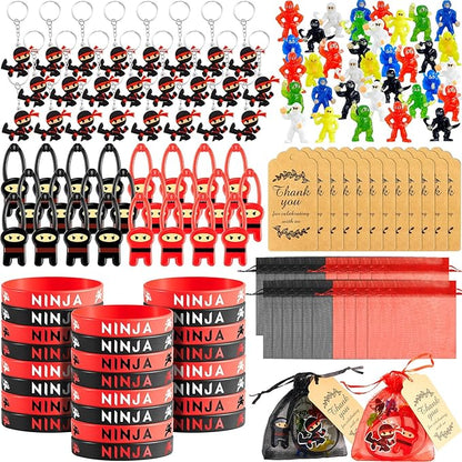 Libima 168 Pcs Ninja Party Favors Karate Birthday Party Supplies Ninja Toys, 48 Small Figurines, 24 Flying Toys, 24 Silicone Bracelets, 24 Keychains, 24 Organza Bags, 24 Thank Card