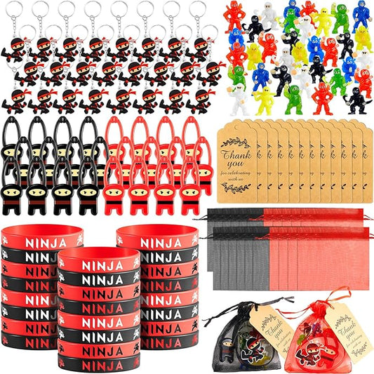 Libima 168 Pcs Ninja Party Favors Karate Birthday Party Supplies Ninja Toys, 48 Small Figurines, 24 Flying Toys, 24 Silicone Bracelets, 24 Keychains, 24 Organza Bags, 24 Thank Card