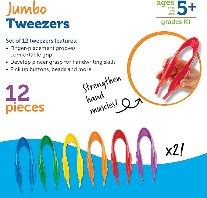 Learning Resources Jumbo Tweezers, Set Of 12, Sorting & Counting, Preschool Science, Homeschool, Toddler Fine Motor Skill Development