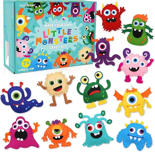 CiyvoLyeen Little Monsters Craft Kit Adopt A Monster Felt Plush DIY Sewing Art Educational Toys Monster Craft Gift Learn How to Sew for Beginners Set of 12 Sewing Kits