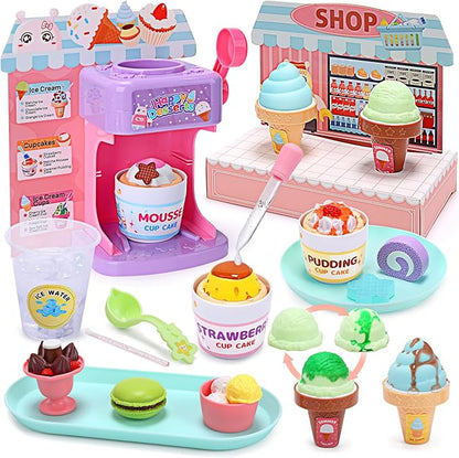 CUTE STONE Color Changing Ice Cream Play Set, Tea Party Set for Little Girls with Toy Ice Cream, Play Desserts, Play Food and Accessories，Kids Kitchen Pretend Play for Girls Boys
