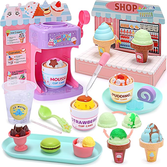 CUTE STONE Color Changing Ice Cream Play Set, Tea Party Set for Little Girls with Toy Ice Cream, Play Desserts, Play Food and Accessories，Kids Kitchen Pretend Play for Girls Boys