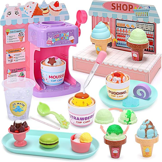 CUTE STONE Color Changing Ice Cream Play Set, Tea Party Set for Little Girls with Toy Ice Cream, Play Desserts, Play Food and Accessories，Kids Kitchen Pretend Play for Girls Boys