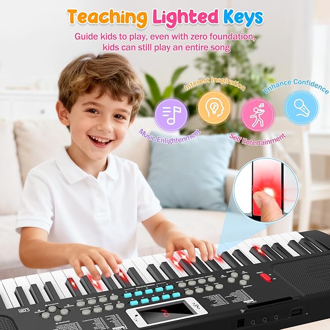 Piano Keyboard, 61 Key Upgrade Kids Pianos Music Toy with Light-up Keys & Pro Teaching Modes, Dual Speaker, 70 Demos,100 Tones, 100 Rhythms Perfect Christmas/Birthday Gift for Kids (Black)