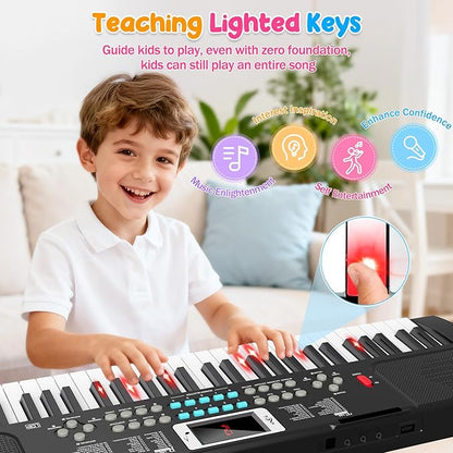 Piano Keyboard, 61 Key Upgrade Kids Pianos Music Toy with Light-up Keys & Pro Teaching Modes, Dual Speaker, 70 Demos,100 Tones, 100 Rhythms Perfect Christmas/Birthday Gift for Kids (Black)