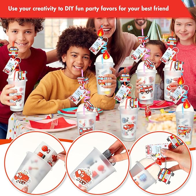 HyDren 171 Pcs Firefighter Party Favors Included Gift Cup Straw Keychain Slap Bracelet Mini Truck Sticker Stamper Card Tattoo Sticker Shovel Sticker Tag Cable Tie For Birthday Gift Prize