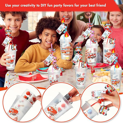 HyDren 171 Pcs Firefighter Party Favors Included Gift Cup Straw Keychain Slap Bracelet Mini Truck Sticker Stamper Card Tattoo Sticker Shovel Sticker Tag Cable Tie For Birthday Gift Prize