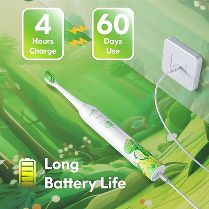 Kids Electric Toothbrush Rechargeable Age 3-5-6-12-18 Year Old, Dinosaur Toothbrush for Kids with Timer 3 Modes 4 Vibrating Heads Habit Stickers 31000VPM Boys Electric Toothbrush (Dinosaur White)