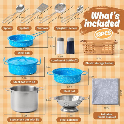 Kids Play Kitchen Toy Accessories Set Toddler Cooking Playset Colorful Stainless Steel Pots and Pans Birthday Gifts for 3+ Girls Boys (New Blue)