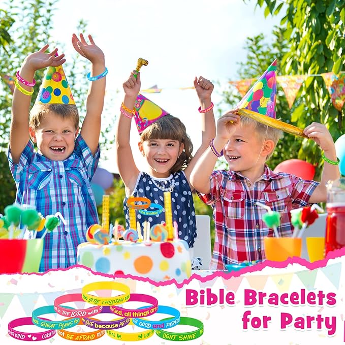 Gueevin 60 Pcs Bible Verse Bracelets for Kids Christian Scripture Bracelets Jesus Wristband Religious Motivational Bracelets Kids Sunday School Gifts Classroom Prizes(Classic Color)