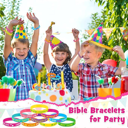 Gueevin 60 Pcs Bible Verse Bracelets for Kids Christian Scripture Bracelets Jesus Wristband Religious Motivational Bracelets Kids Sunday School Gifts Classroom Prizes(Classic Color)