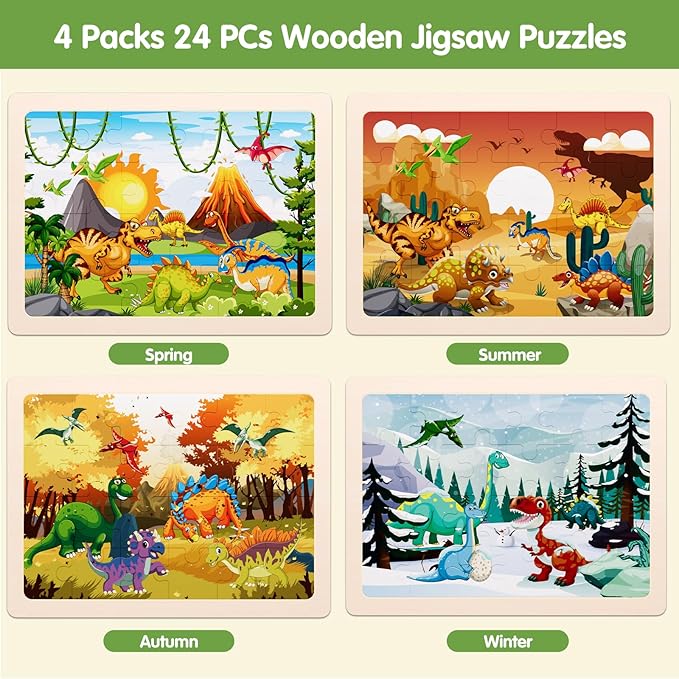 Jigsaw Puzzles Dinosaur Wooden Puzzles for Kids Ages 3-5 Preschool Educational Brain Teaser Boards Toys Four Season Gifts for 3 4 5 6 Year Old Boys Girls 4 Packs 24 Pcs (Dinosaur Theme)