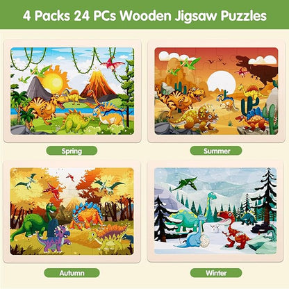 Jigsaw Puzzles Dinosaur Wooden Puzzles for Kids Ages 3-5 Preschool Educational Brain Teaser Boards Toys Four Season Gifts for 3 4 5 6 Year Old Boys Girls 4 Packs 24 Pcs (Dinosaur Theme)