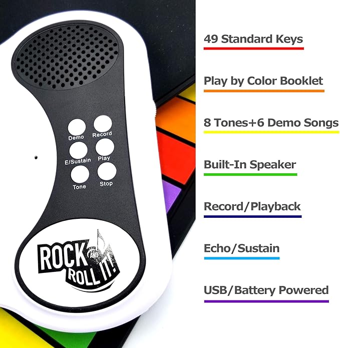 MUKIKIM Rock and Roll It - The Original Rainbow Piano. Roll Up Flexible Piano Keyboard for Kids / Beginners. Portable 49 Keys Silicone Pad. Play-by-Color Songbook Included!