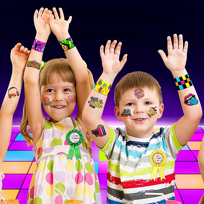 48PCS 90s & 80s Party Favors - 24PCS Tattoos & 24PCS Slap Bracelets, Retro 90s Birthday Party Supplies Decorations, Ideal for Kids’ Classroom Prizes & Rewards for Boys & Girls