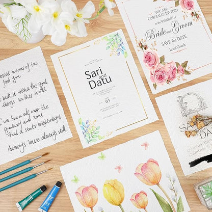 50 Sheets Watercolor Paper 8.5 x 11, 300 GSM Deckled Edge Paper Rough/Textured Handmade Paper Cotton Paper for Watercolors, Wedding Invitations, Cards, Crafts