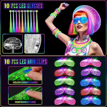 Glow in the Dark Party Supplies, 264 PCS Light Up Party Favors with LED Glasses,Glow Sticks,Finger Lights,LED Hair Clips,Slingshot,Glasses Molds,Butterfly Bracelet for Birthday,Raves,New Year