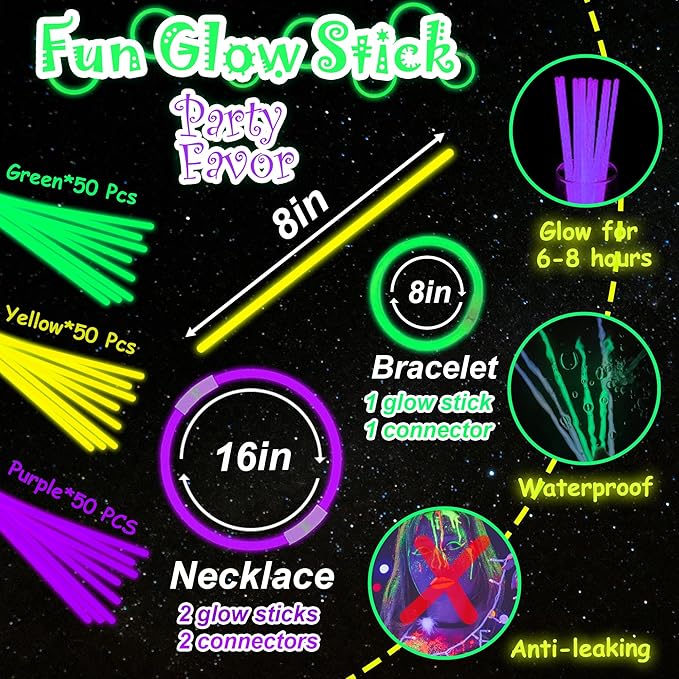 150 pk 8" Green Yellow Purple Glow Sticks Bulk Party Favors, Light up Glow Necklaces & Bracelets in the Dark Party Supplies For Christmas Halloween Birthday Mardi Gras (Green Yellow Purple)