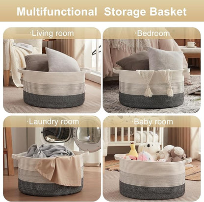 OIAHOMY 90L Blanket Basket for Living Room, Large Basket 23" x 23" x 13" with Handle, Laundry Hamper for Blankets, Pillows, Toy Storage for Kids, Dogs - Black and White