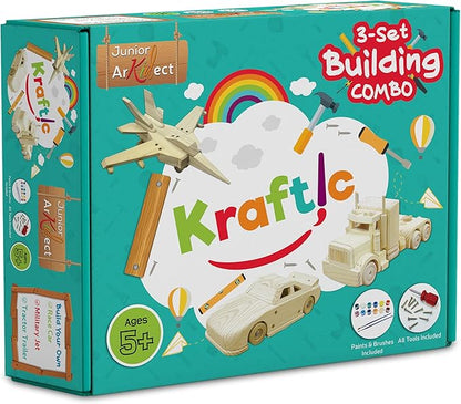 Kraftic Woodworking Building Kit for Kids and Adults, 3 Educational DIY Carpentry Construction Wood Model Kit Toy Projects for Boys and Girls - Build a Wooden Military Jet Race Car and Tractor Trailer