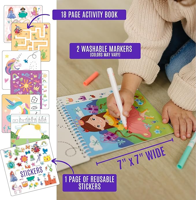 Kids Travel Educational Activity Book with Washable Markers - Car and Airplane Activities, Learning Toys for Toddlers- Search and Find, Reusable Stickers for Ages 4, 5, 6 (Princess)