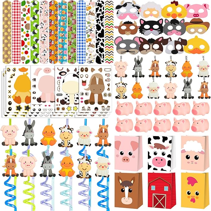 Farm Animals Party Favors Set 84 PCS Barnyard Animal Masks Sticker Keychains Straw Slap Bracelet Rubber Pigs Gift for Kids Birthday Party Baby Shower Goodie Bag Fillers Supplies