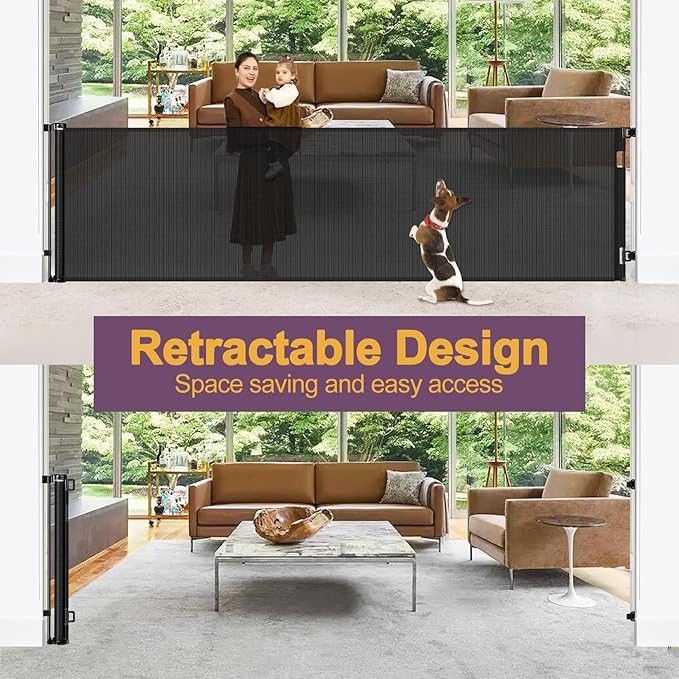 42" Tall X 200" Extra Wide Retractable Baby Gates, Extra Tall Pet Gate for Dogs, Extra Long Dog Gate for Large Openings Tall Mesh gate Child Safety Gate Outdoor Retractable Gate for Decks, Black