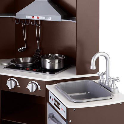 Amazon Basics Kids Corner Wooden Kitchen Toy Playset with Stove, Oven, Sink, Fridge and Accessories, for Toddlers, Preschoolers, Children Age 3+ Years, Espresso/Gray, 39.37"L x 28.35"W x 35.04"H